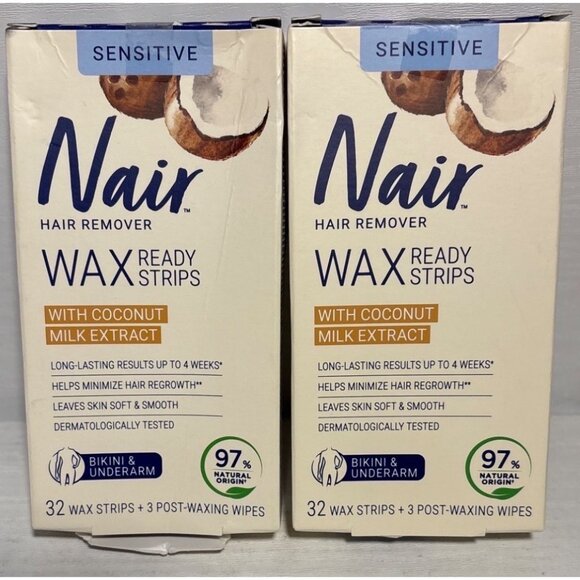 2 Nair Wax Ready Strips Sensitive Bikini Underarm Coconut Milk 32 Strips 3 Wipe - Picture 1 of 1